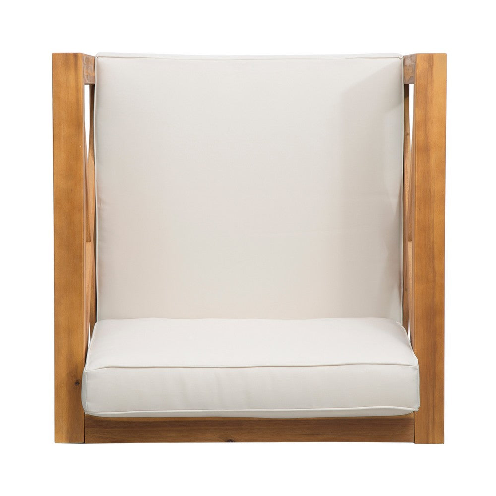 Benjara Juna Outdoor Club Chair, Beige Water-Resistant Fabric, Teak Brown Wood