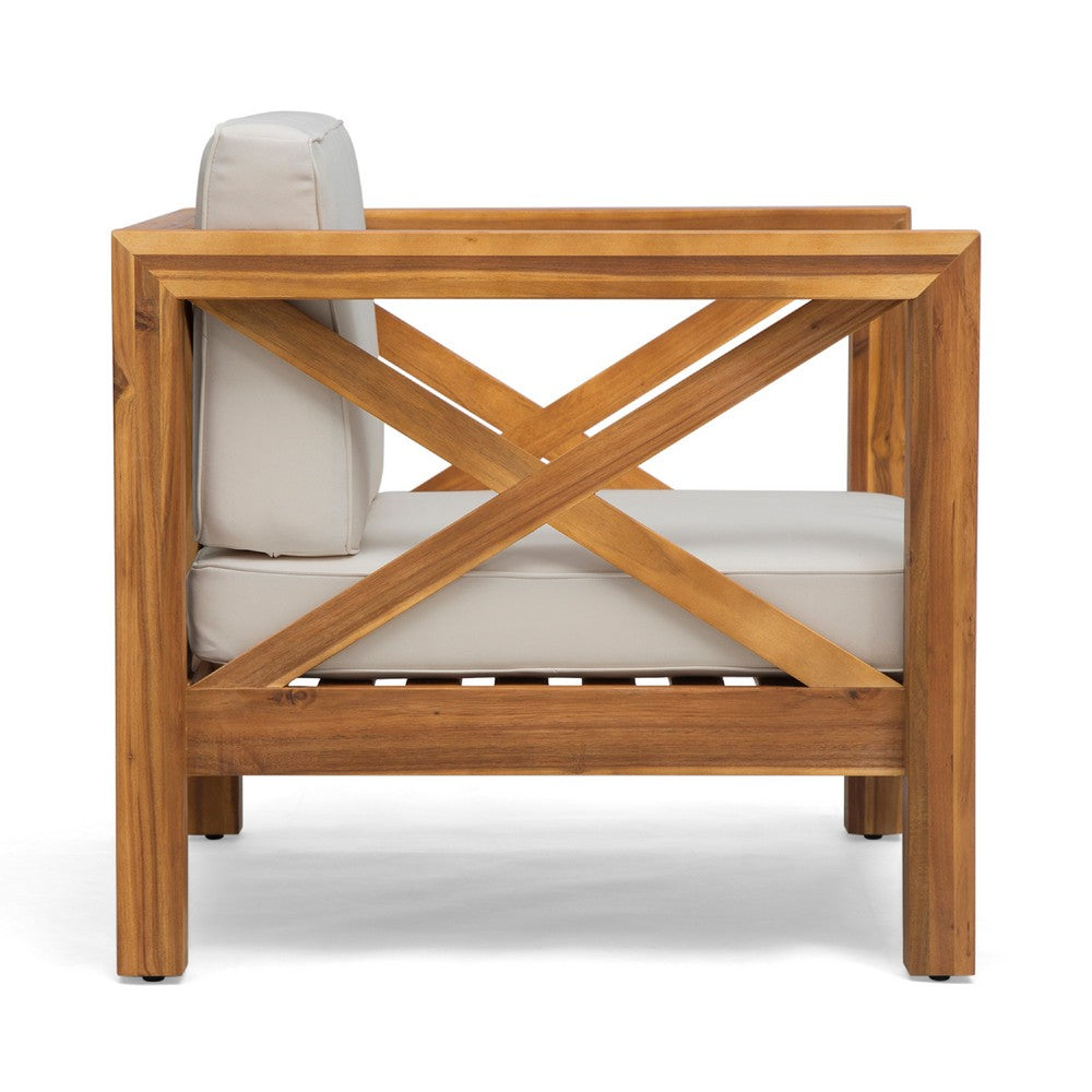 Benjara Juna Outdoor Club Chair, Beige Water-Resistant Fabric, Teak Brown Wood