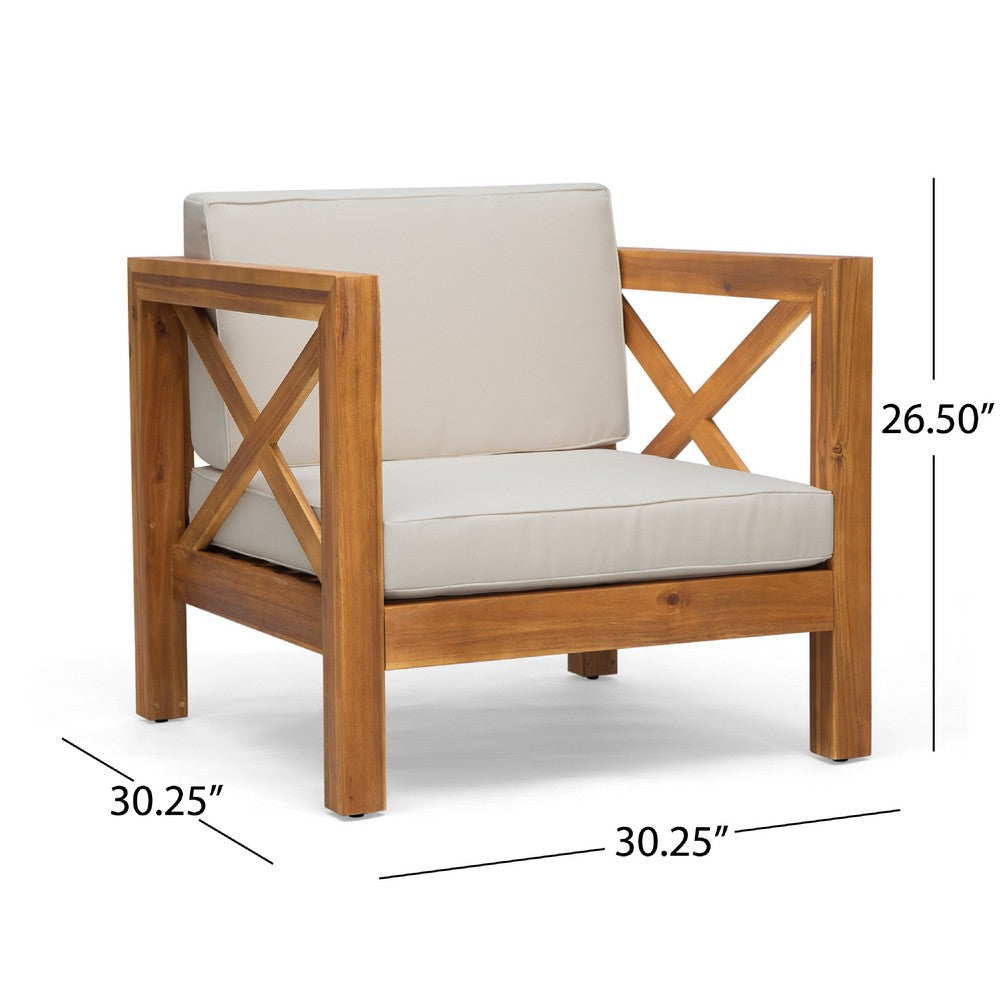 Benjara Juna Outdoor Club Chair, Beige Water-Resistant Fabric, Teak Brown Wood