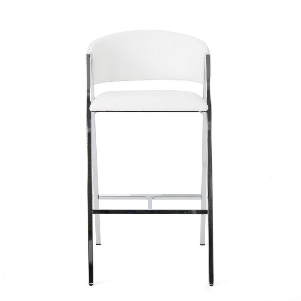 Benjara Zoy Barstool Chair Set of 2, Ivory Faux Leather, Chrome Metal Frame