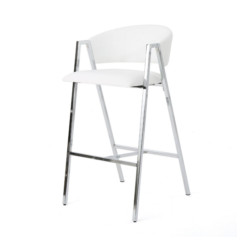 Benjara Zoy Barstool Chair Set of 2, Ivory Faux Leather, Chrome Metal Frame
