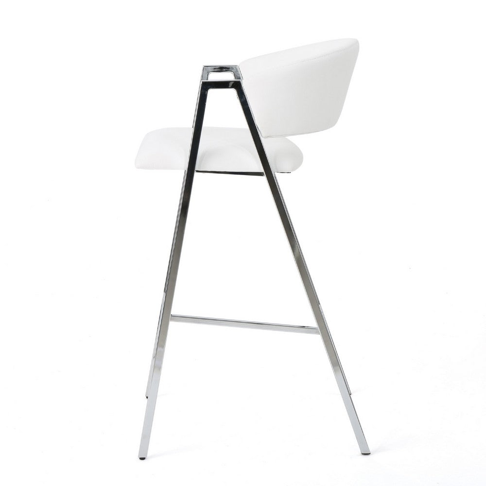 Benjara Zoy Barstool Chair Set of 2, Ivory Faux Leather, Chrome Metal Frame