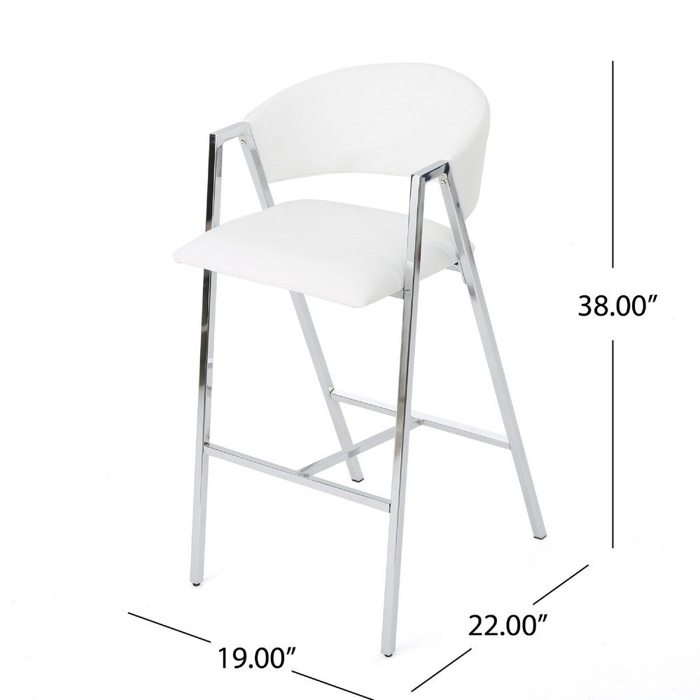 Benjara Zoy Barstool Chair Set of 2, Ivory Faux Leather, Chrome Metal Frame