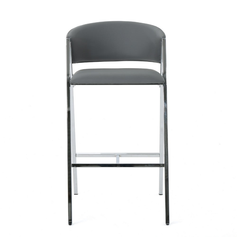 Benjara Zoy Barstool Chair Set of 2, Gray Faux Leather Padded, Chrome Iron