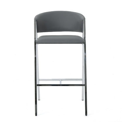 Benjara Zoy Barstool Chair Set of 2, Gray Faux Leather Padded, Chrome Iron