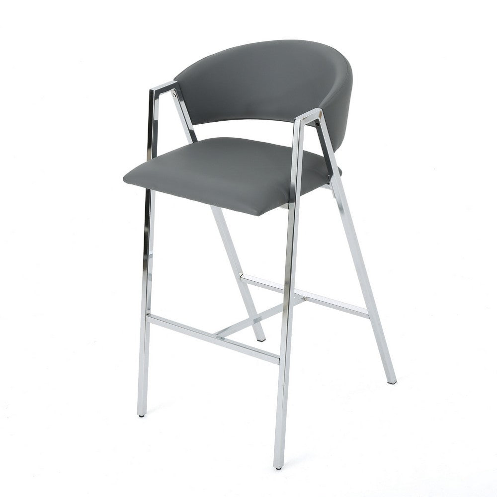 Benjara Zoy Barstool Chair Set of 2, Gray Faux Leather Padded, Chrome Iron