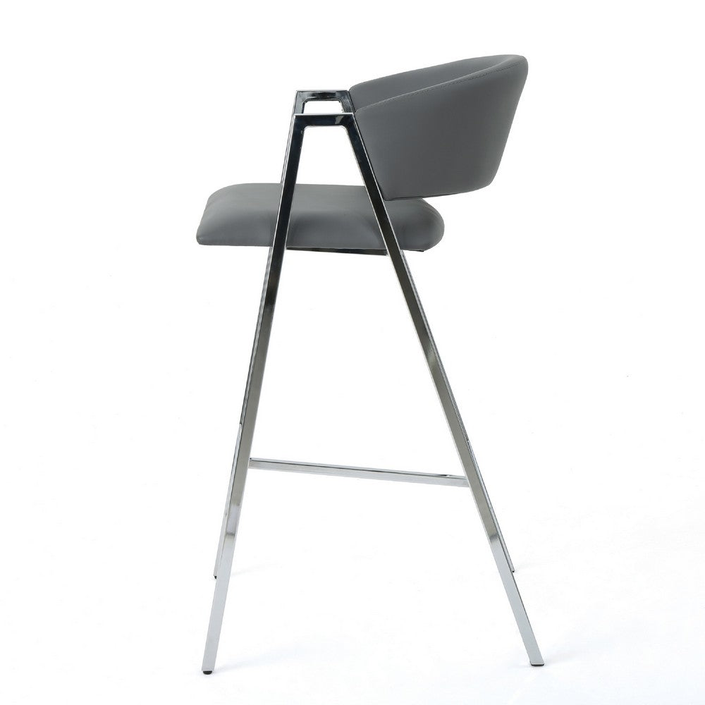 Benjara Zoy Barstool Chair Set of 2, Gray Faux Leather Padded, Chrome Iron