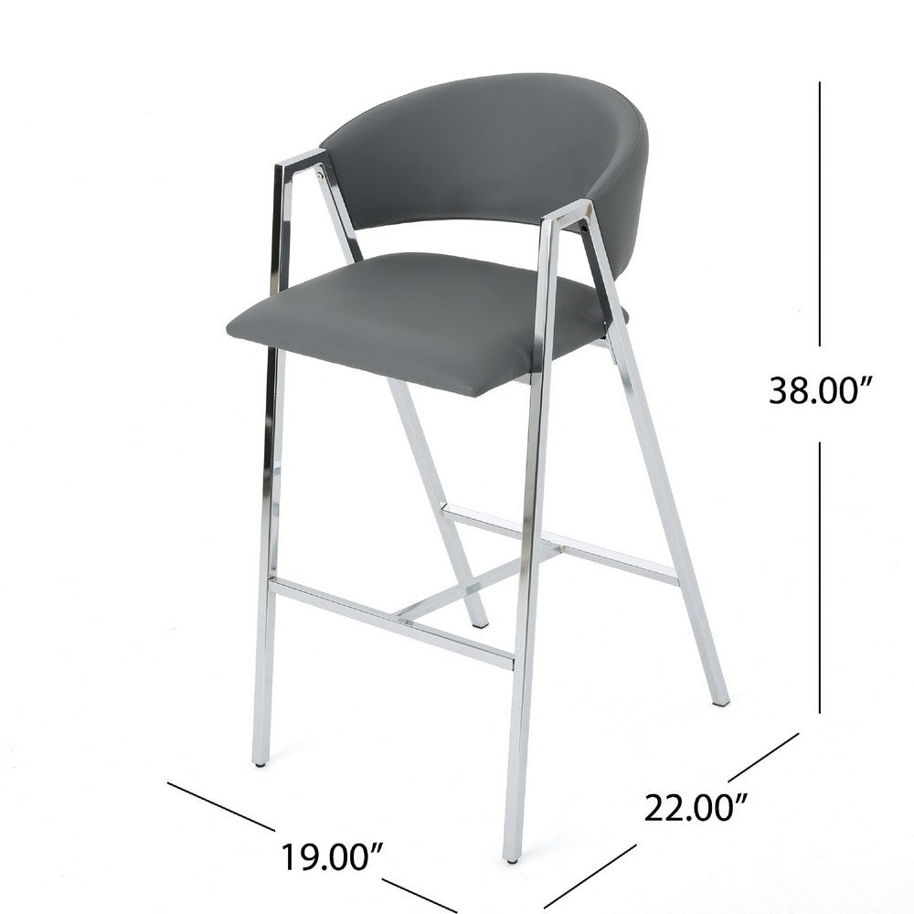 Benjara Zoy Barstool Chair Set of 2, Gray Faux Leather Padded, Chrome Iron