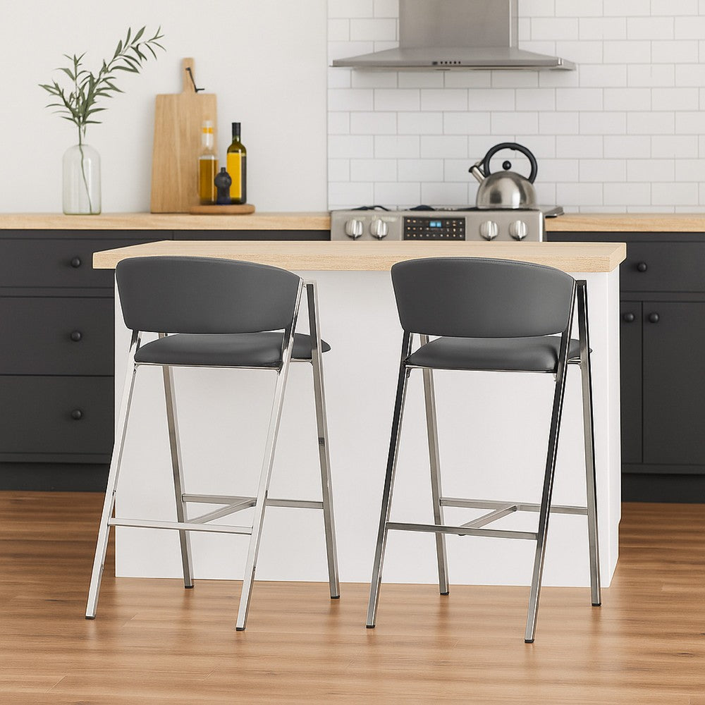 Benjara Zoy Barstool Chair Set of 2, Gray Faux Leather Padded, Chrome Iron