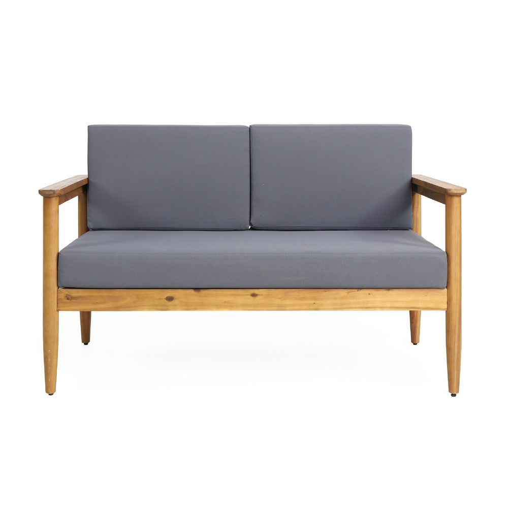 Benjara Gavie Outdoor Loveseat, Teak Brown Acacia Wood, Gray Fabric 53 Inch