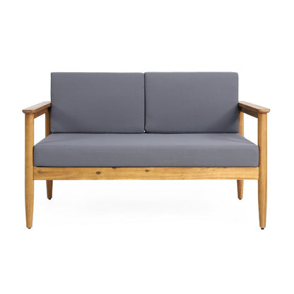 Benjara Gavie Outdoor Loveseat, Teak Brown Acacia Wood, Gray Fabric 53 Inch