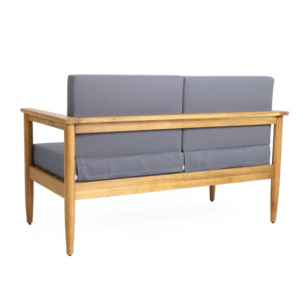 Benjara Gavie Outdoor Loveseat, Teak Brown Acacia Wood, Gray Fabric 53 Inch