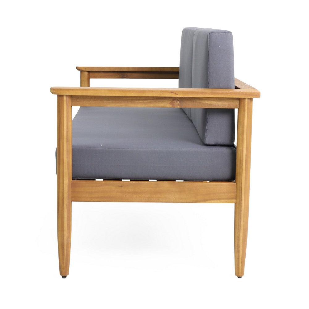 Benjara Gavie Outdoor Loveseat, Teak Brown Acacia Wood, Gray Fabric 53 Inch