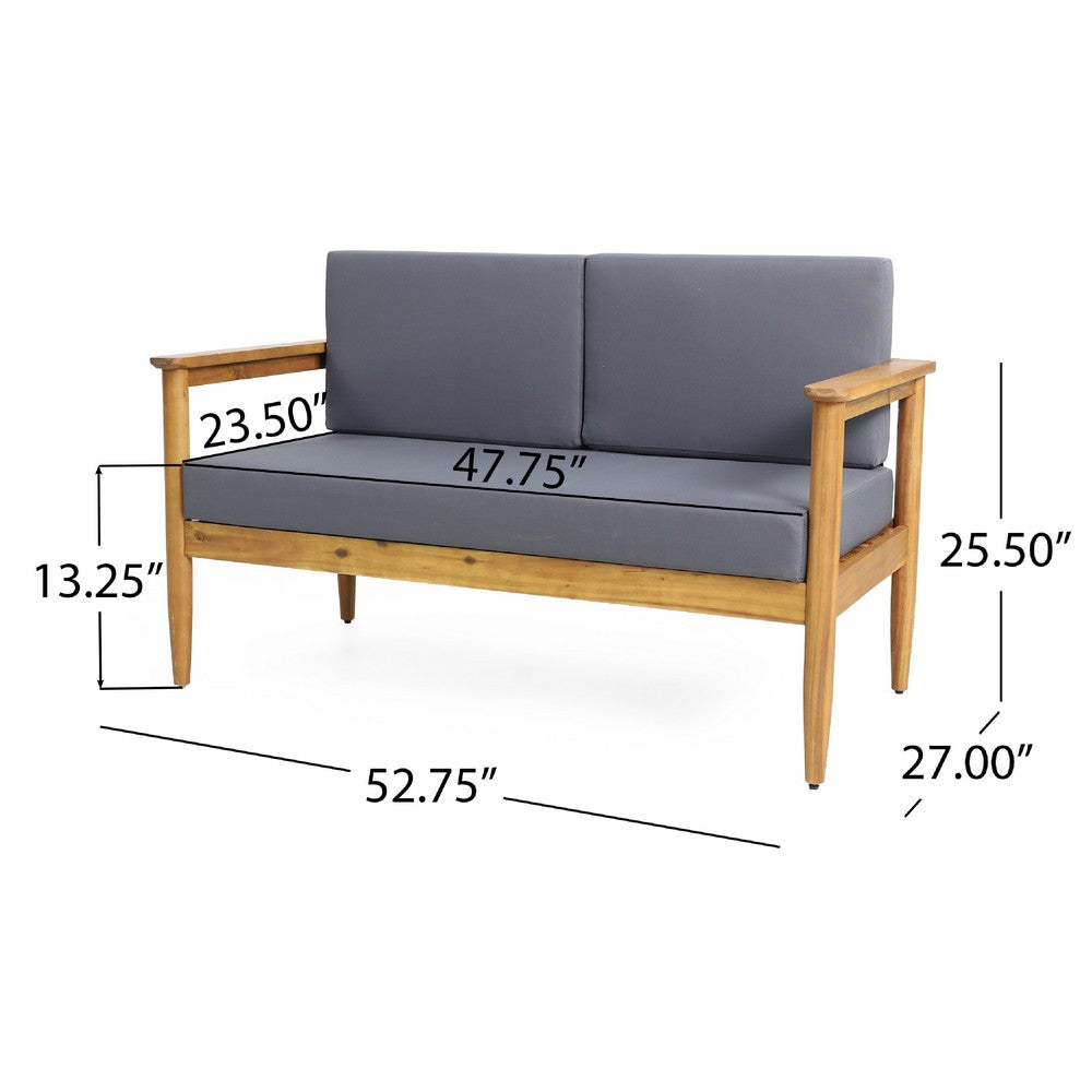 Benjara Gavie Outdoor Loveseat, Teak Brown Acacia Wood, Gray Fabric 53 Inch
