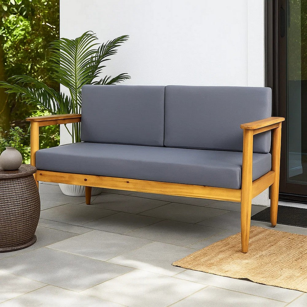 Benjara Gavie Outdoor Loveseat, Teak Brown Acacia Wood, Gray Fabric 53 Inch