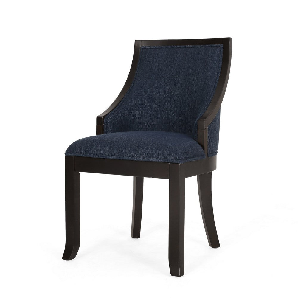 Benjara Dining Chair Set of 2, Navy Blue Fabric Cushioned, Brown Solid Wood