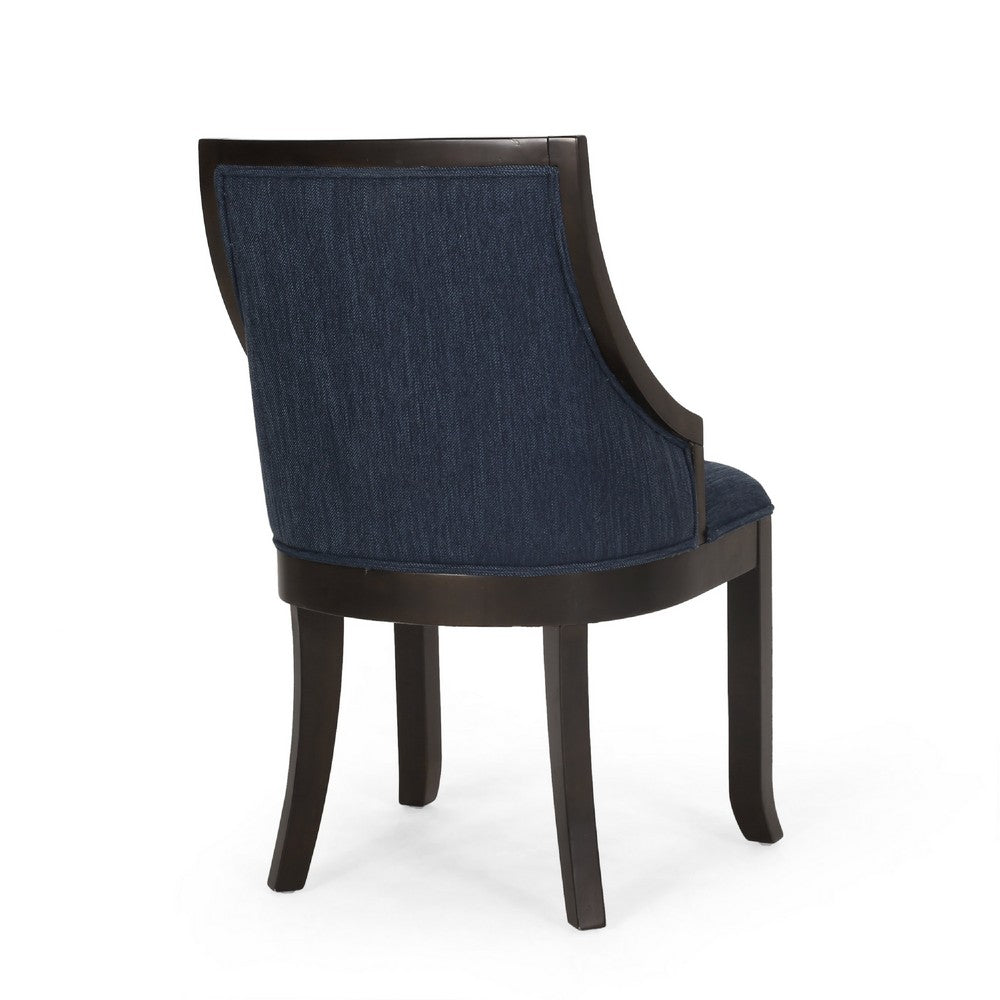 Benjara Dining Chair Set of 2, Navy Blue Fabric Cushioned, Brown Solid Wood