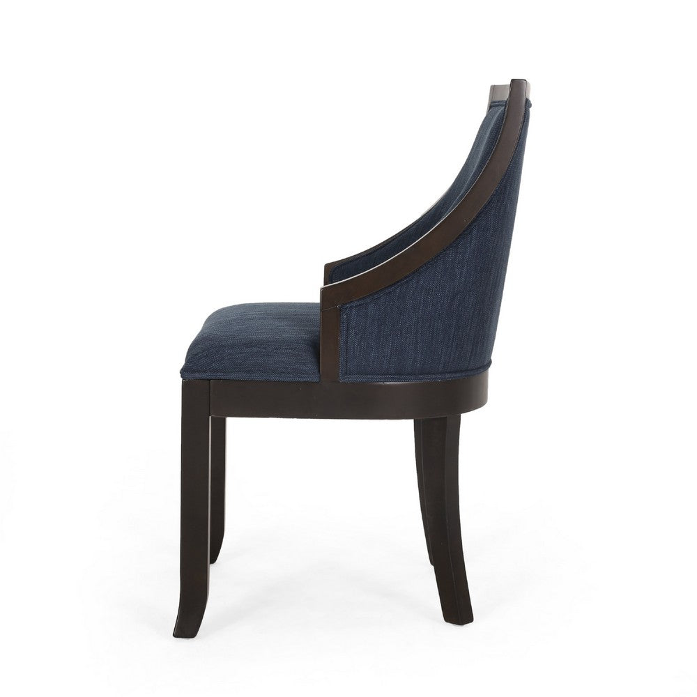 Benjara Dining Chair Set of 2, Navy Blue Fabric Cushioned, Brown Solid Wood