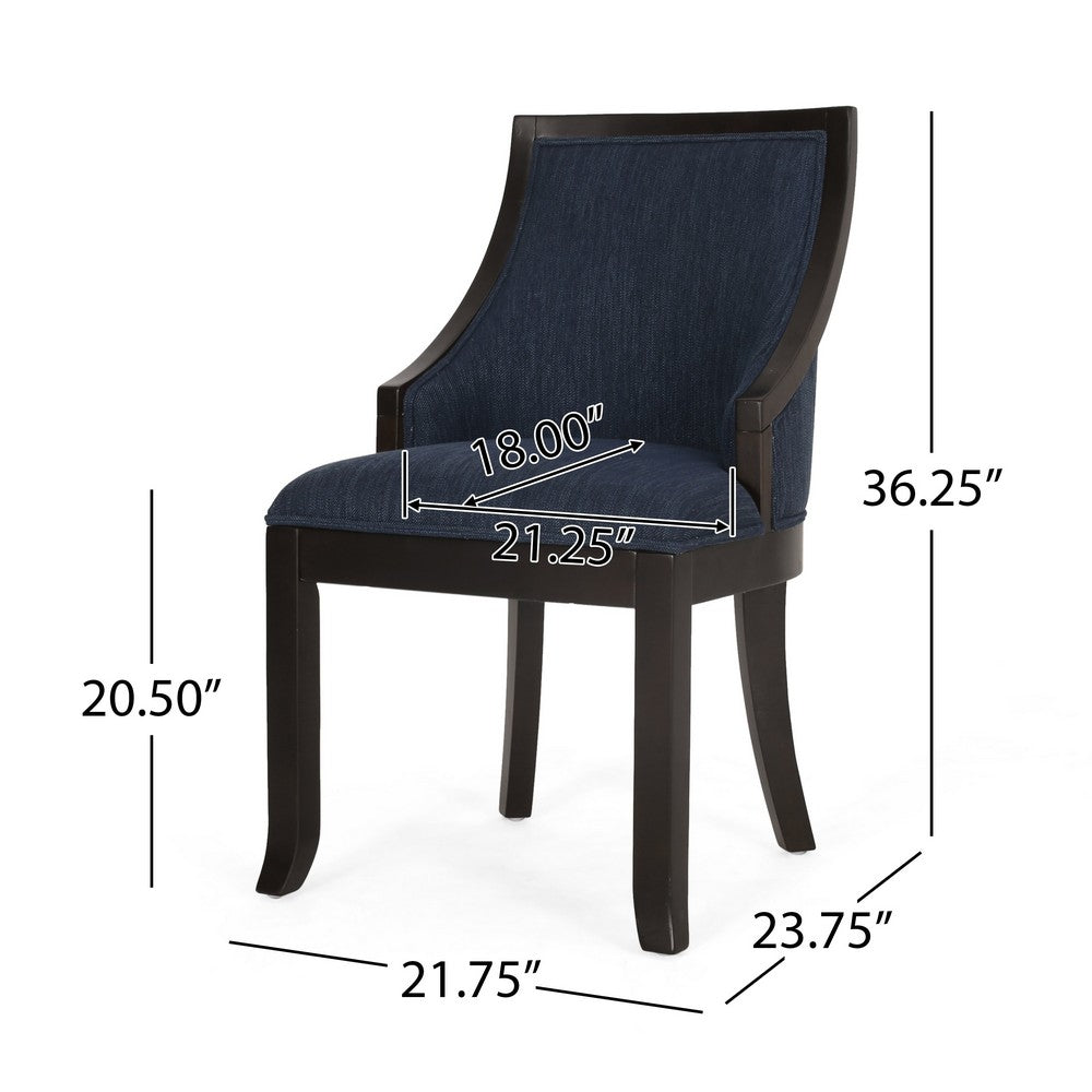 Benjara Dining Chair Set of 2, Navy Blue Fabric Cushioned, Brown Solid Wood