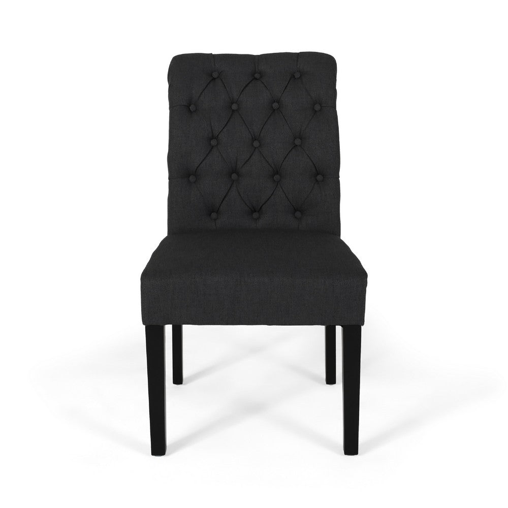 Benjara Mein Dining Chair Set of 2, Dark Gray Polyester, Black Wood Frame
