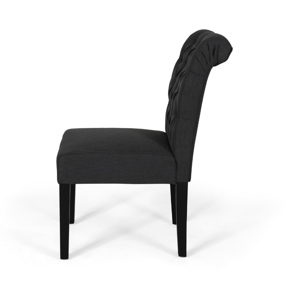 Benjara Mein Dining Chair Set of 2, Dark Gray Polyester, Black Wood Frame