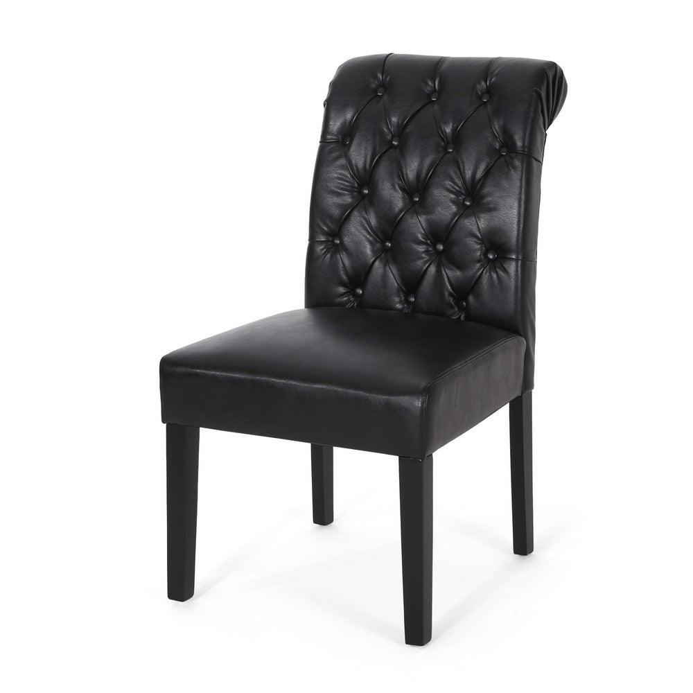 Benjara Mein Dining Chair Set of 2, Rolltop Tufted Black Faux Leather, Wood