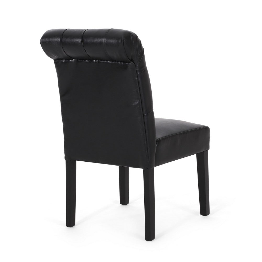 Benjara Mein Dining Chair Set of 2, Rolltop Tufted Black Faux Leather, Wood
