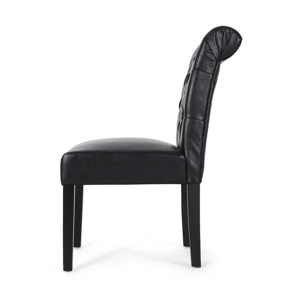 Benjara Mein Dining Chair Set of 2, Rolltop Tufted Black Faux Leather, Wood