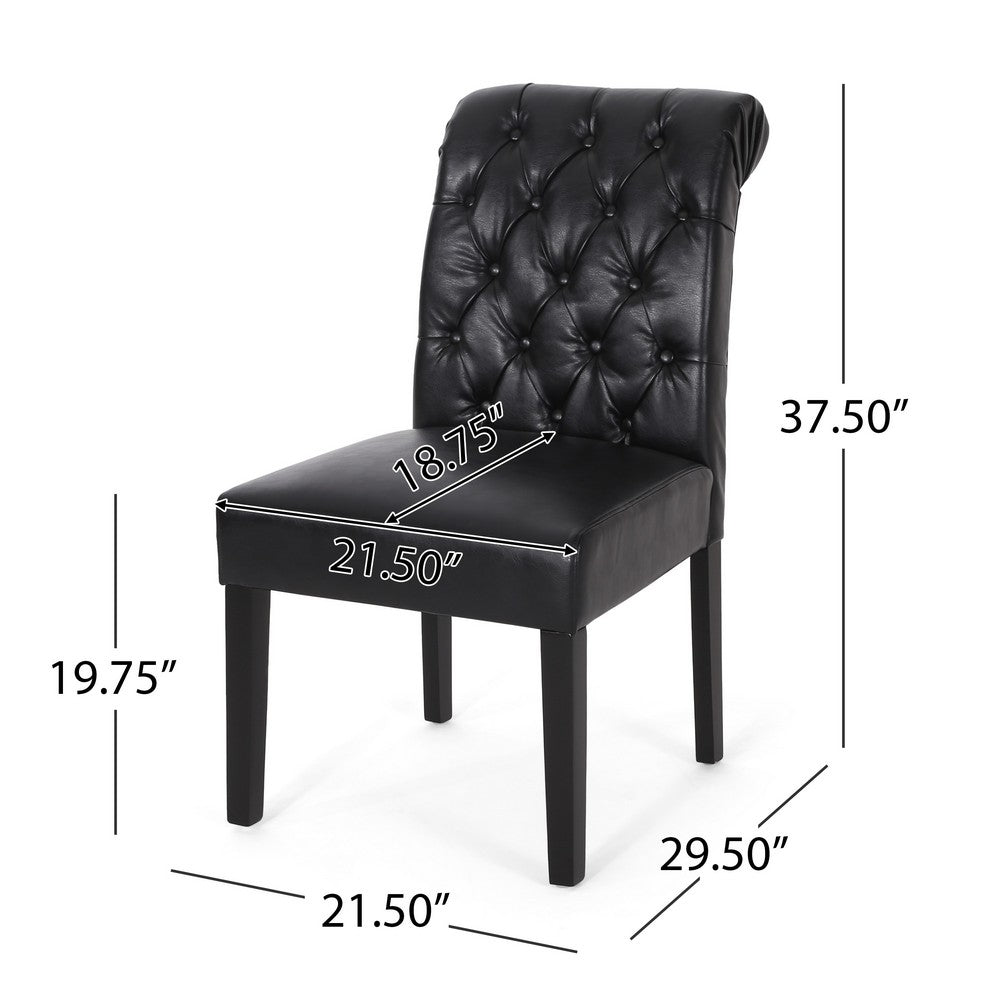 Benjara Mein Dining Chair Set of 2, Rolltop Tufted Black Faux Leather, Wood