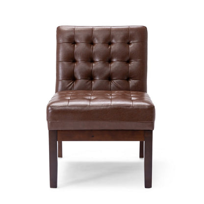 Benjara Armless Accent Chair, Tufted Dark Brown Faux Leather, Rubberwood Frame