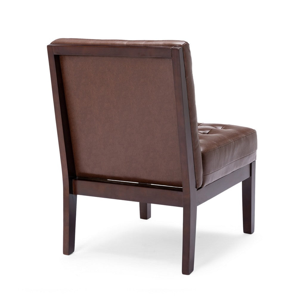Benjara Armless Accent Chair, Tufted Dark Brown Faux Leather, Rubberwood Frame