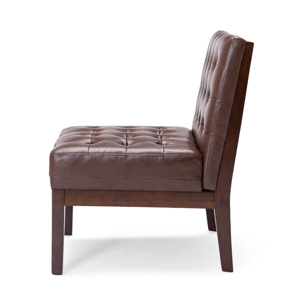 Benjara Armless Accent Chair, Tufted Dark Brown Faux Leather, Rubberwood Frame