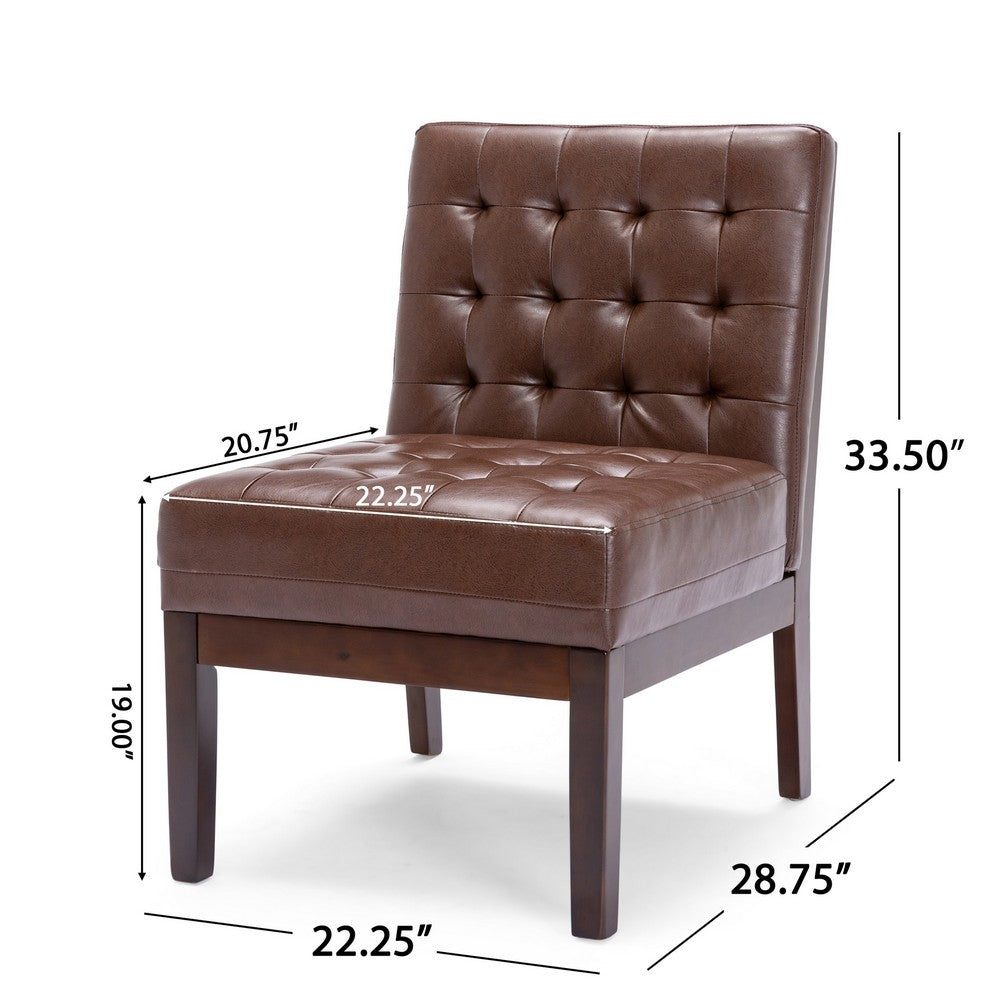 Benjara Armless Accent Chair, Tufted Dark Brown Faux Leather, Rubberwood Frame