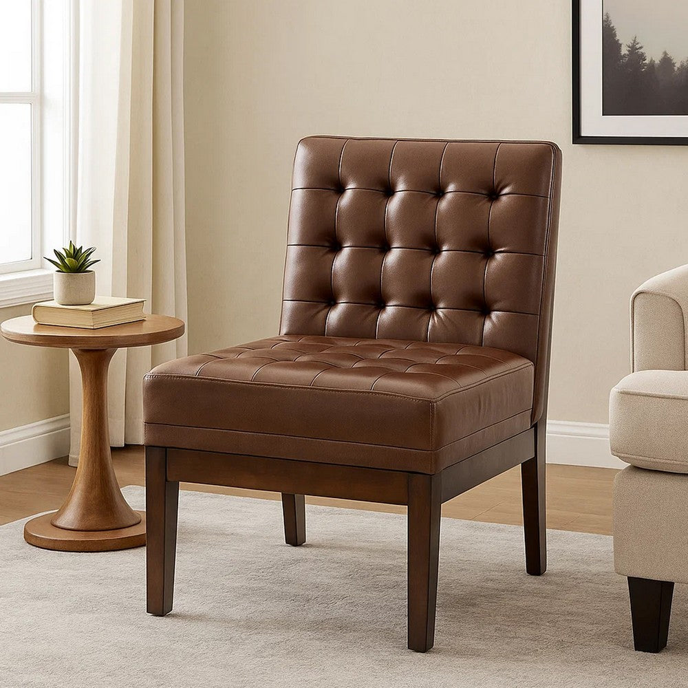 Benjara Armless Accent Chair, Tufted Dark Brown Faux Leather, Rubberwood Frame