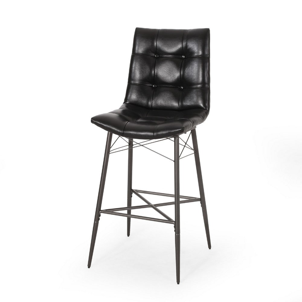 Benjara Nimma Barstool Chair Set of 2, Tufted Black Faux Leather, Brown Metal