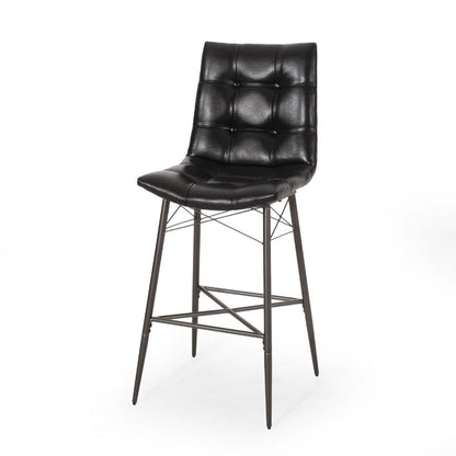 Benjara Nimma Barstool Chair Set of 2, Tufted Black Faux Leather, Brown Metal
