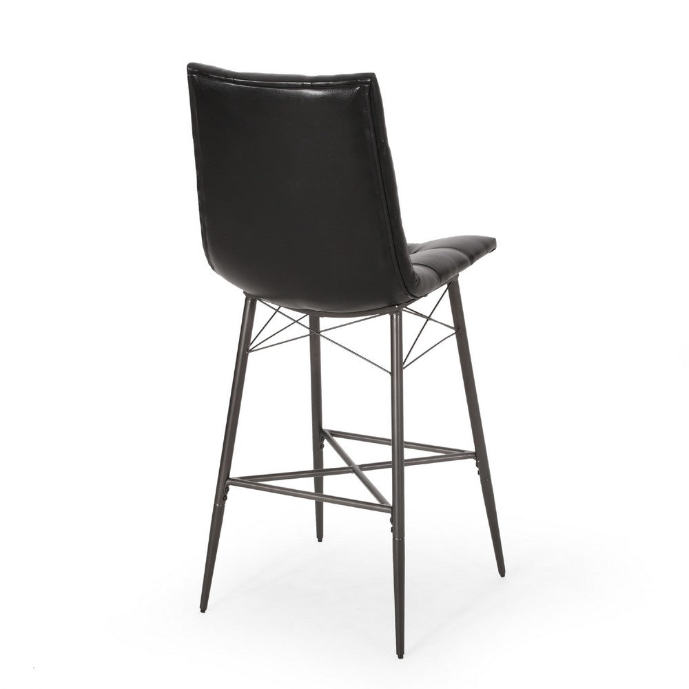 Benjara Nimma Barstool Chair Set of 2, Tufted Black Faux Leather, Brown Metal