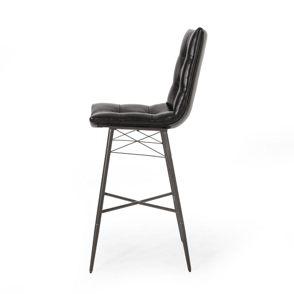 Benjara Nimma Barstool Chair Set of 2, Tufted Black Faux Leather, Brown Metal