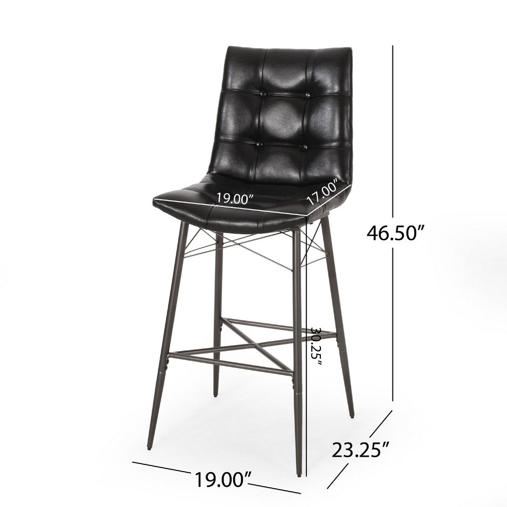 Benjara Nimma Barstool Chair Set of 2, Tufted Black Faux Leather, Brown Metal