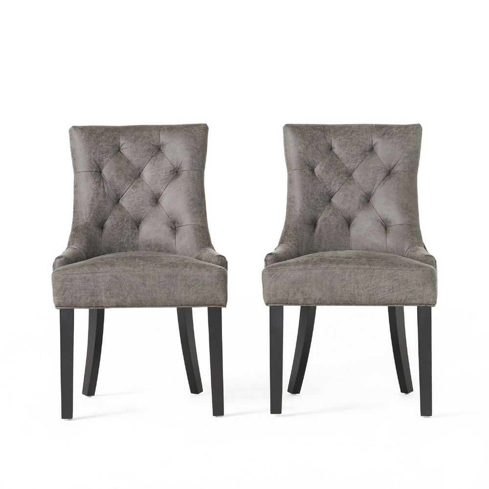Benjara Chen Dining Chair Set of 2, Tufted Slate Gray Microfiber, Black Wood