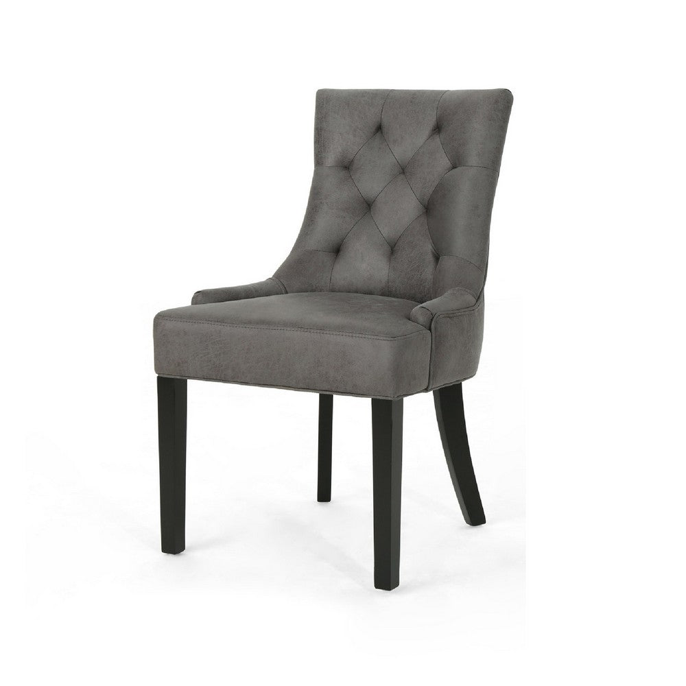 Benjara Chen Dining Chair Set of 2, Tufted Slate Gray Microfiber, Black Wood