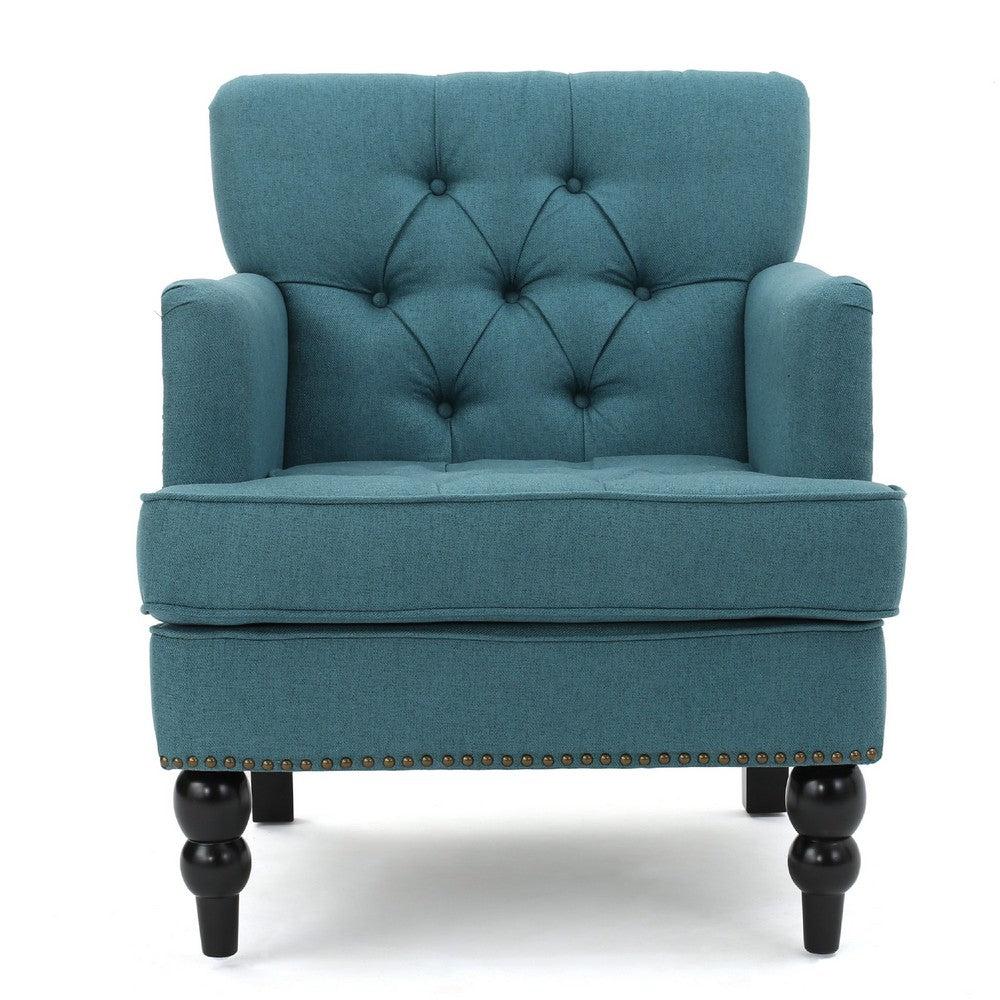 Benjara Lit Accent Club Armchair, Tufted Teal Fabric, Black Wood, Turned Legs