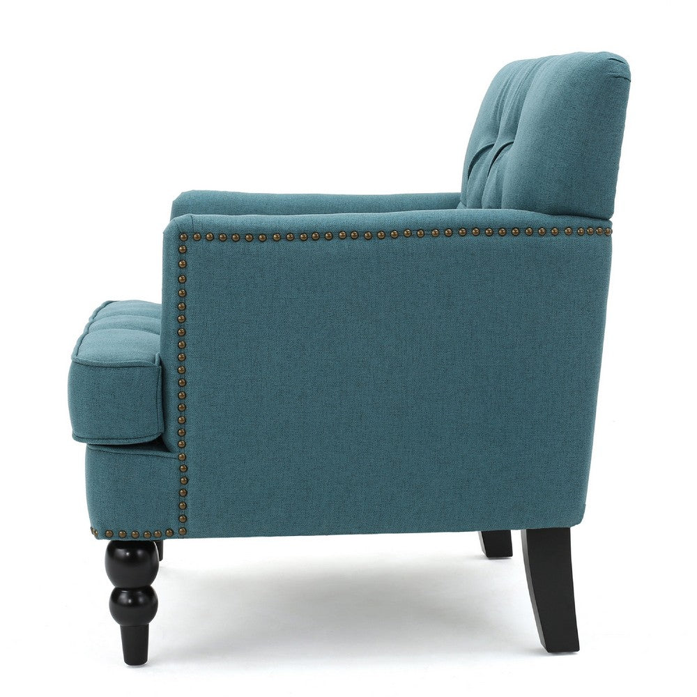 Benjara Lit Accent Club Armchair, Tufted Teal Fabric, Black Wood, Turned Legs