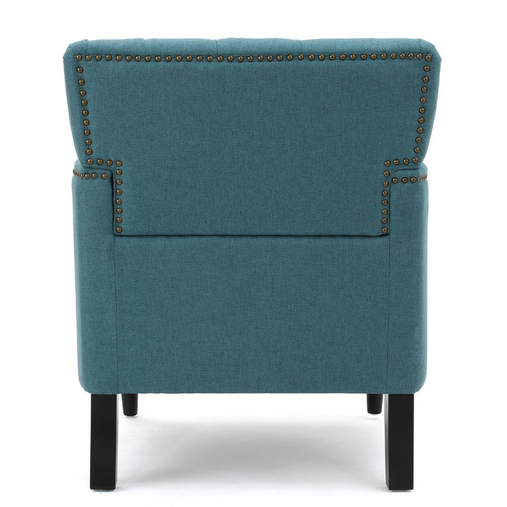Benjara Lit Accent Club Armchair, Tufted Teal Fabric, Black Wood, Turned Legs
