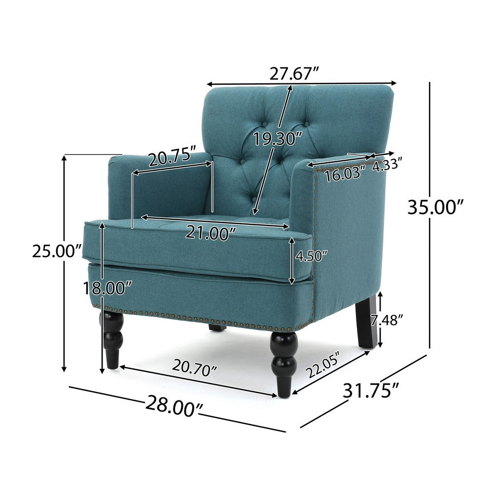 Benjara Lit Accent Club Armchair, Tufted Teal Fabric, Black Wood, Turned Legs