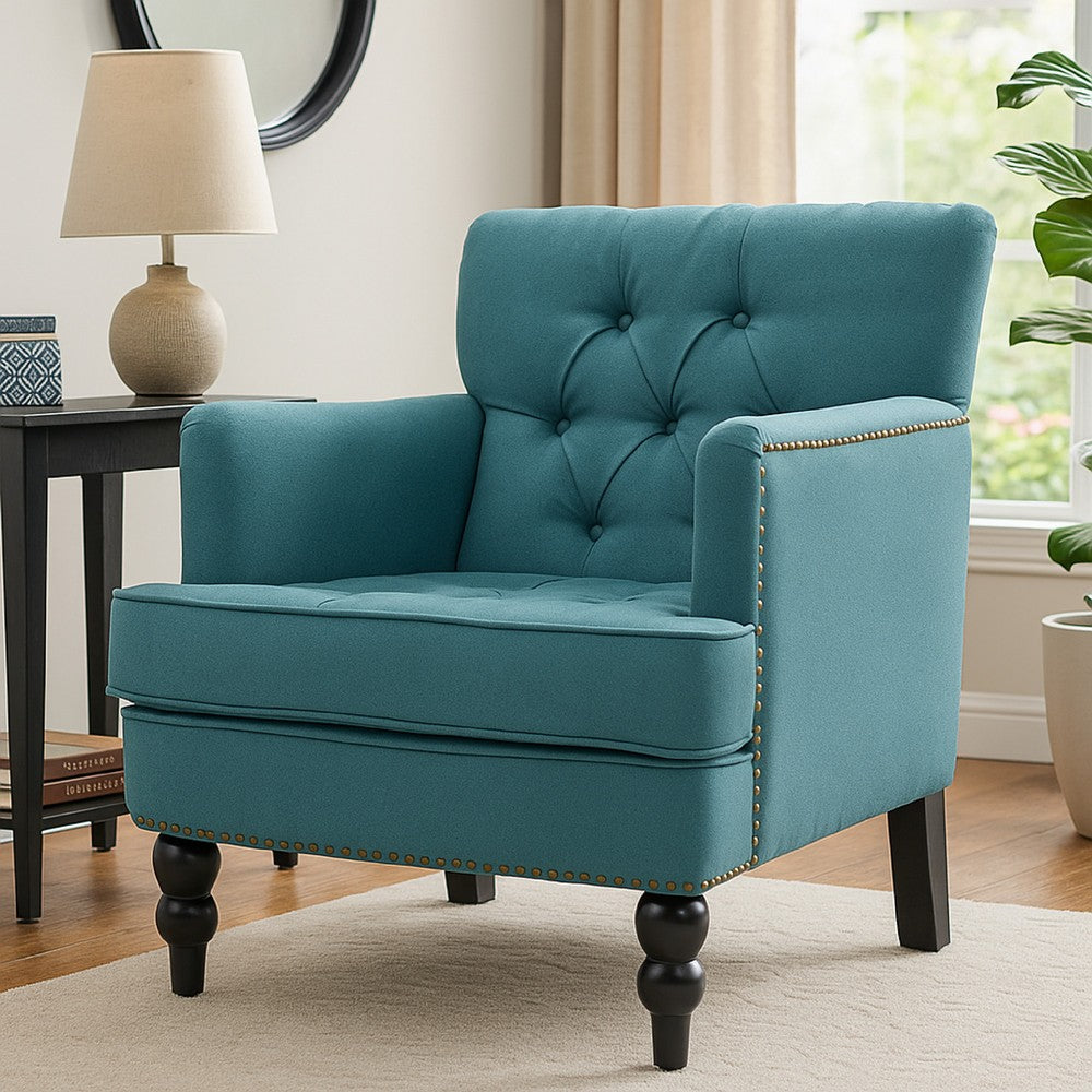 Benjara Lit Accent Club Armchair, Tufted Teal Fabric, Black Wood, Turned Legs