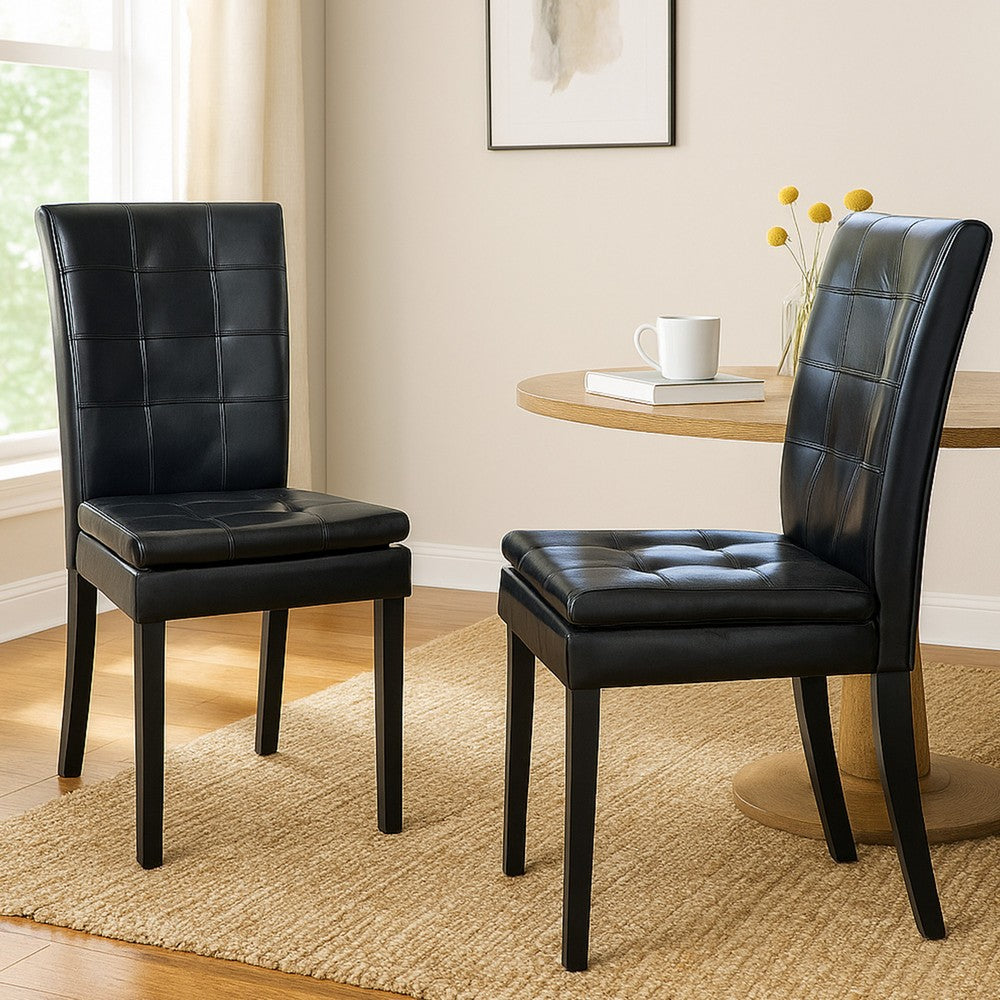 Benjara Brenda Dining Side Chair Set of 2, Black Wood, Tufted Faux Leather