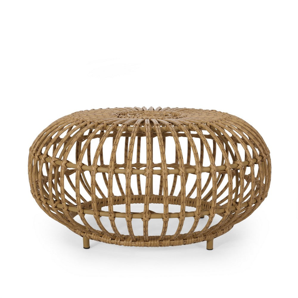 Benjara Tawa Outdoor Coffee Table, Light Brown Open Faux Rattan, 30 Inch