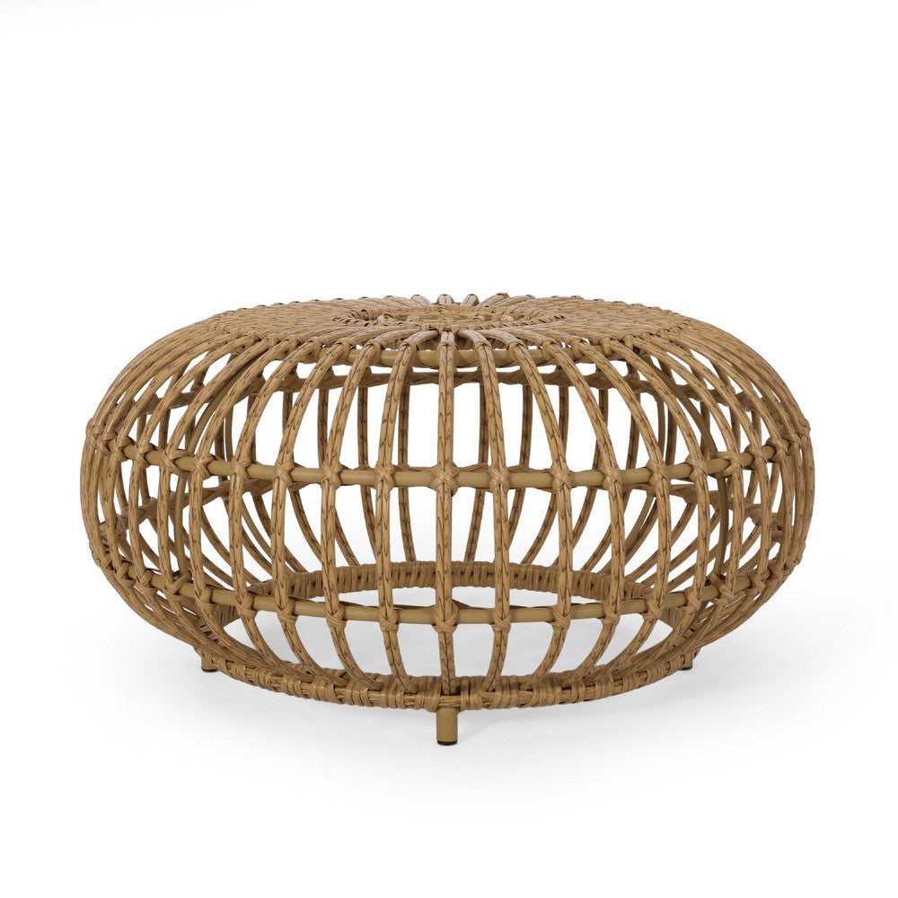Benjara Tawa Outdoor Coffee Table, Light Brown Open Faux Rattan, 30 Inch