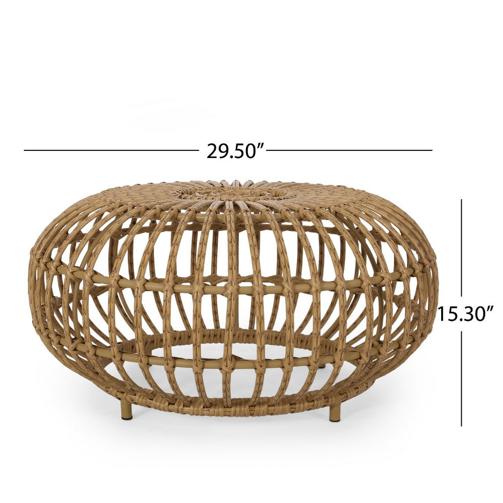 Benjara Tawa Outdoor Coffee Table, Light Brown Open Faux Rattan, 30 Inch